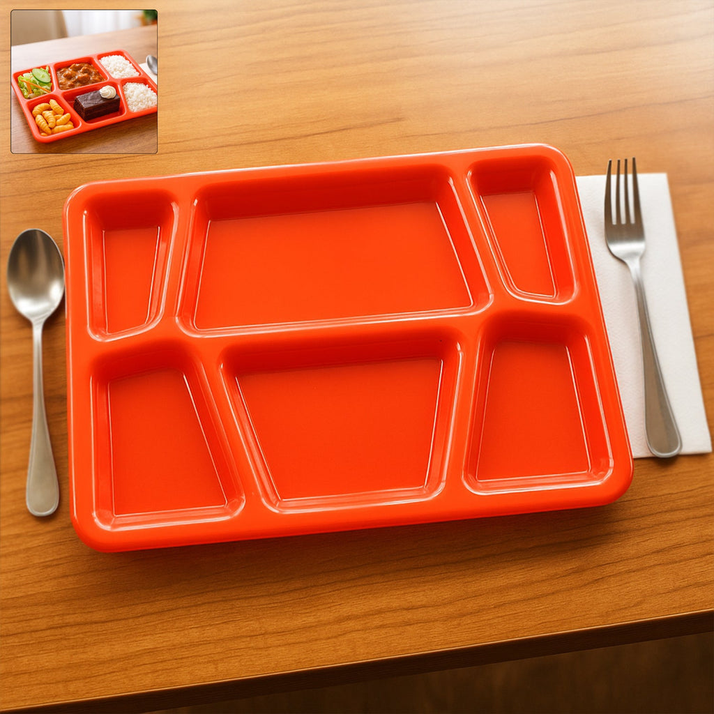 Red plastic multi-compartment rectangular meal serving tray with six sections