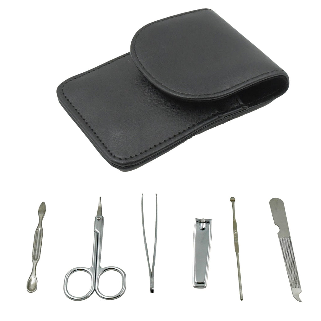Professional manicure set neatly arranged in its durable, travel-friendly storage pouch.