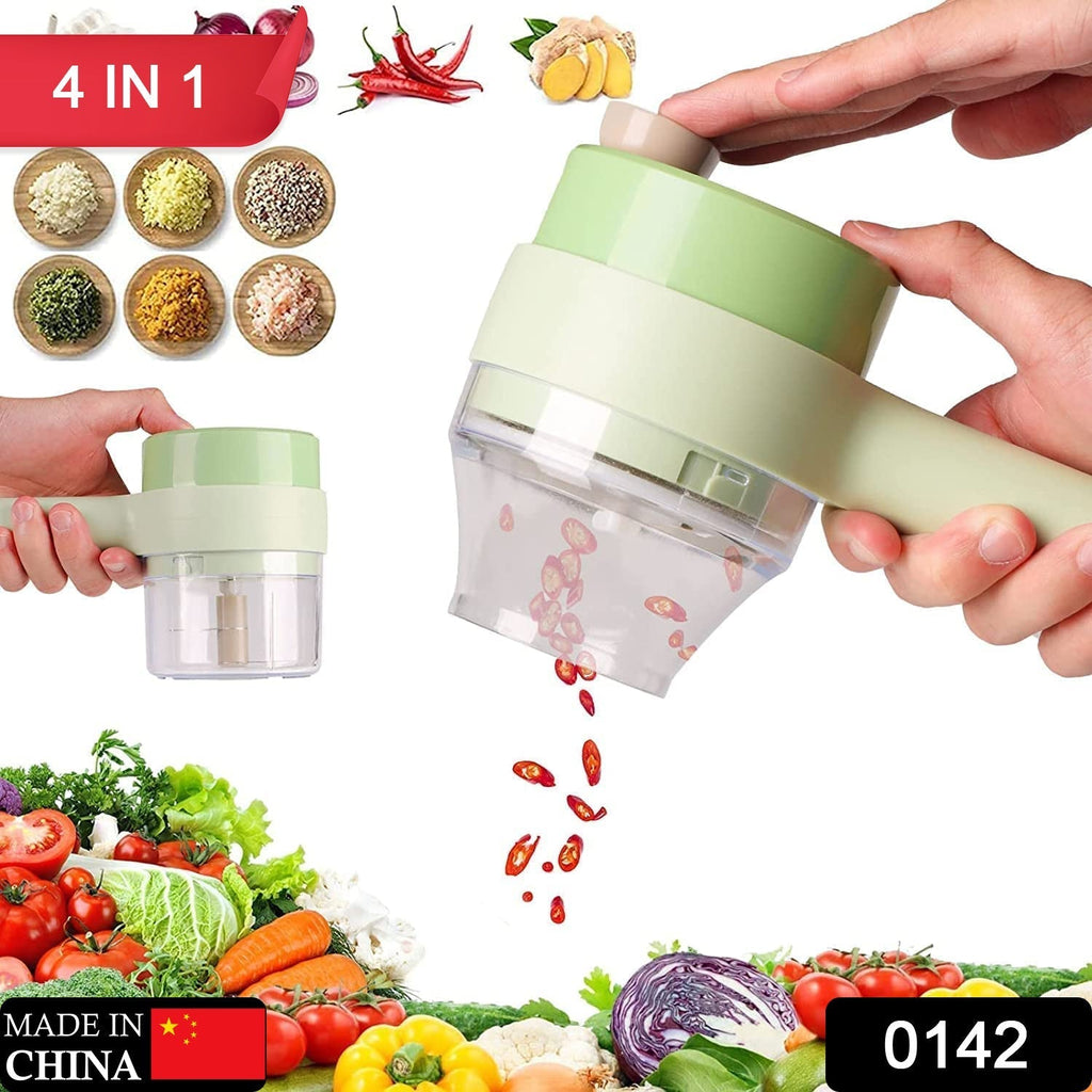 Multifunction electric food chopper with various attachments on a kitchen counter.