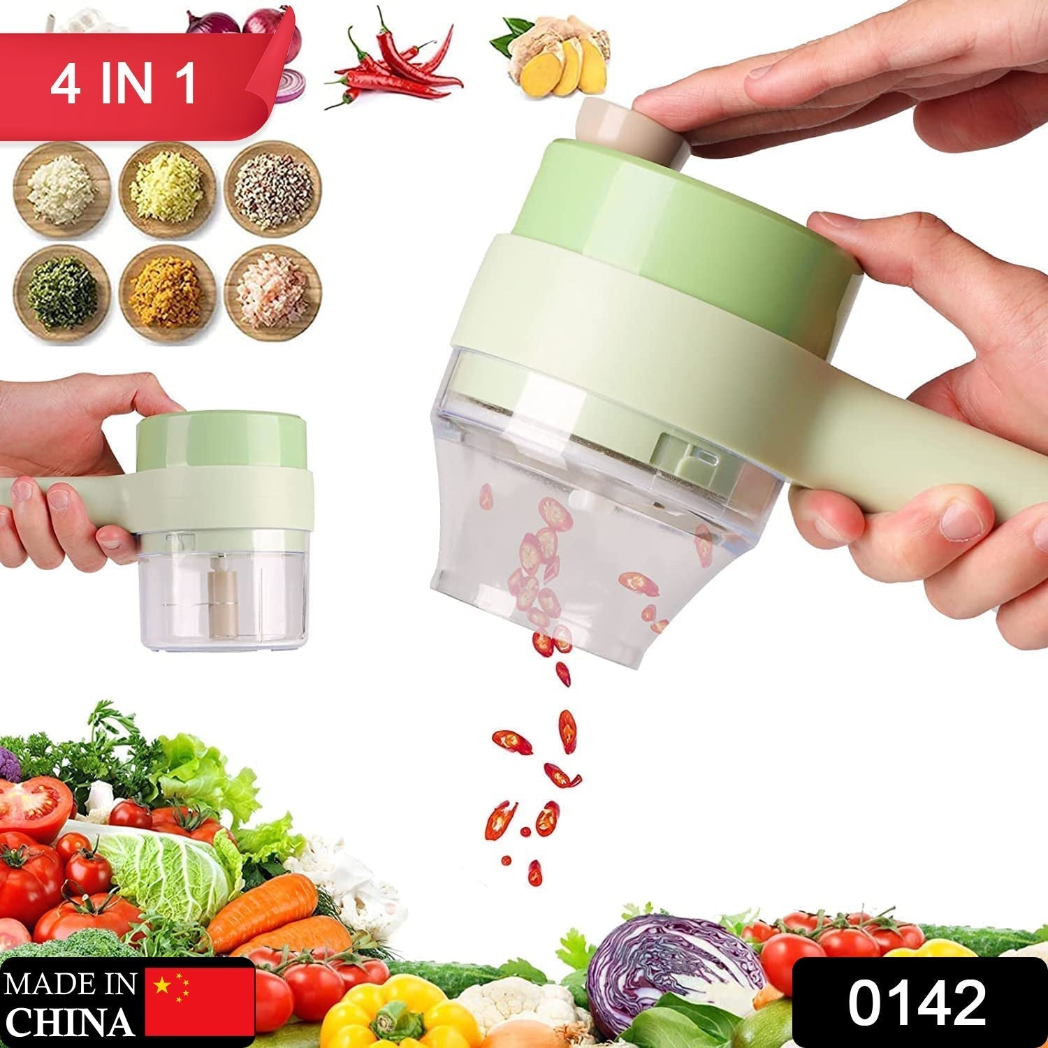 Multifunction electric food chopper with various attachments on a kitchen counter.