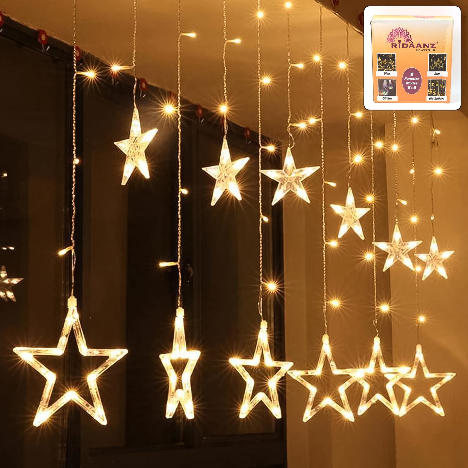 Warm white LED curtain lights with 12 stars draped beautifully for festive decoration.