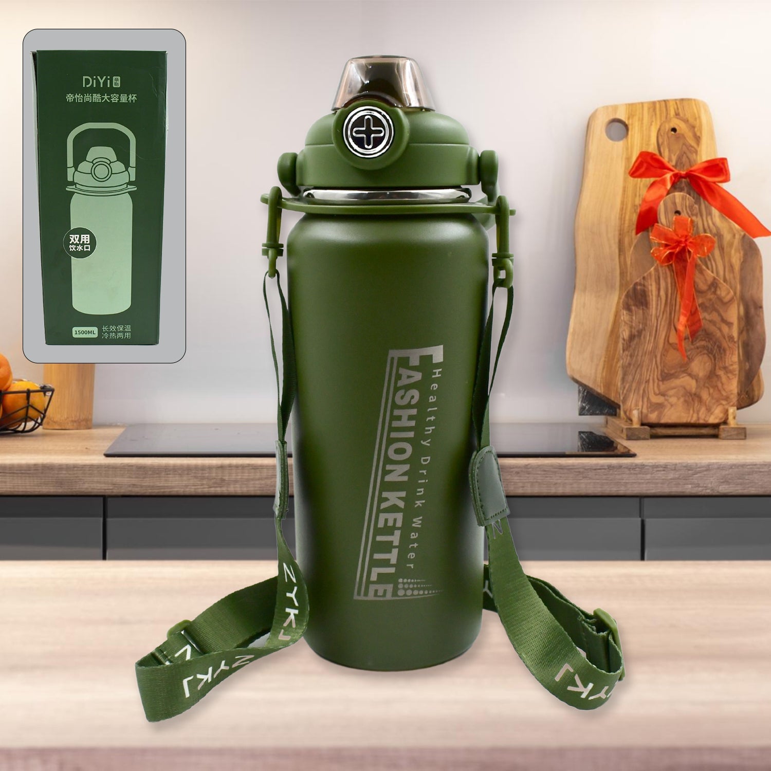 Colorful 1.5L insulated water bottle with straw, showcasing its sleek design.