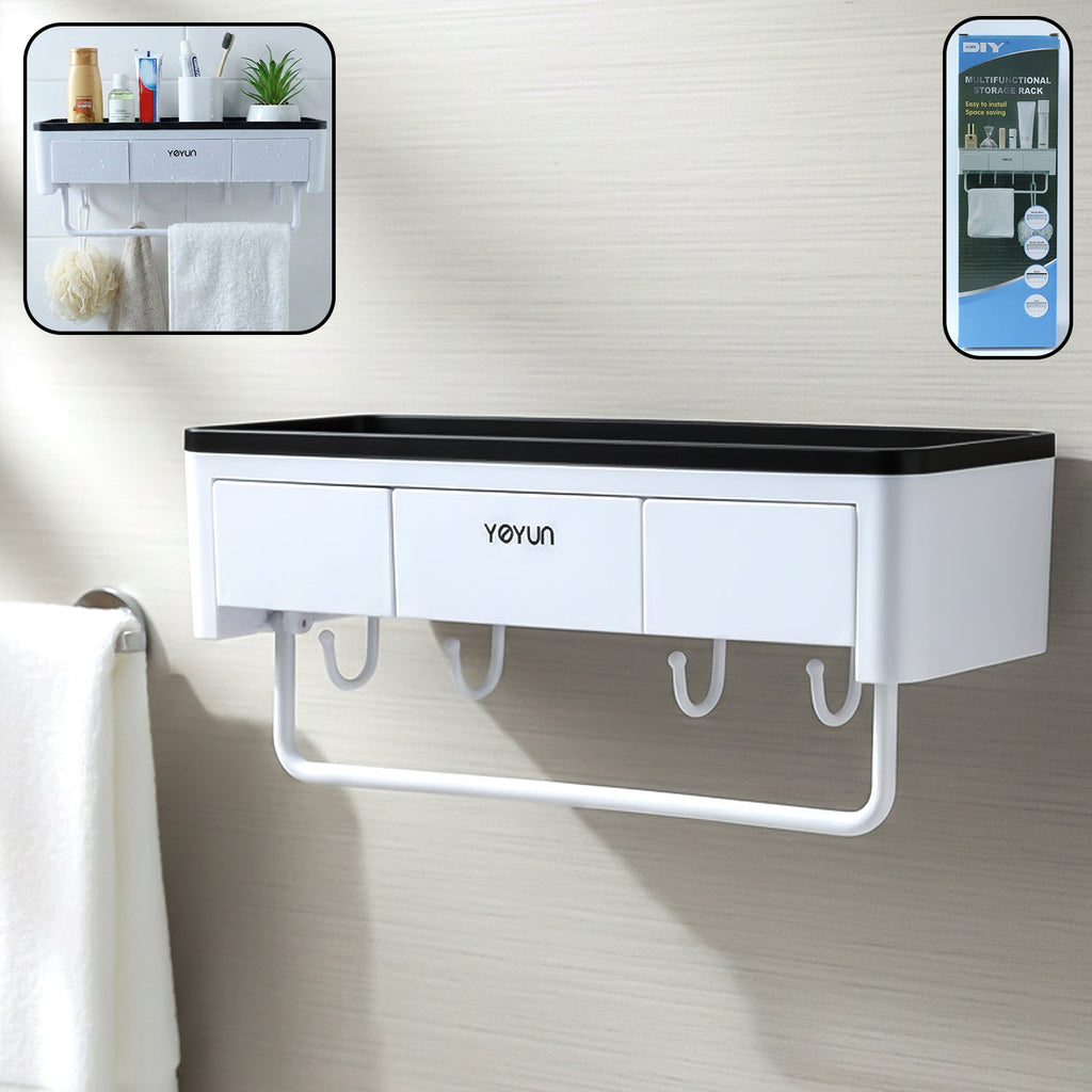 Wall mounted bathroom storage rack organizer with shelf and hooks