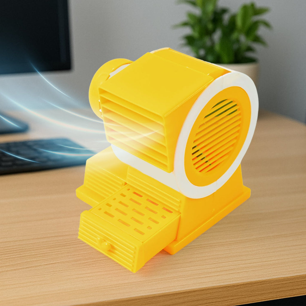 Mini dual-blade USB table fan with fragrance tray on office desk