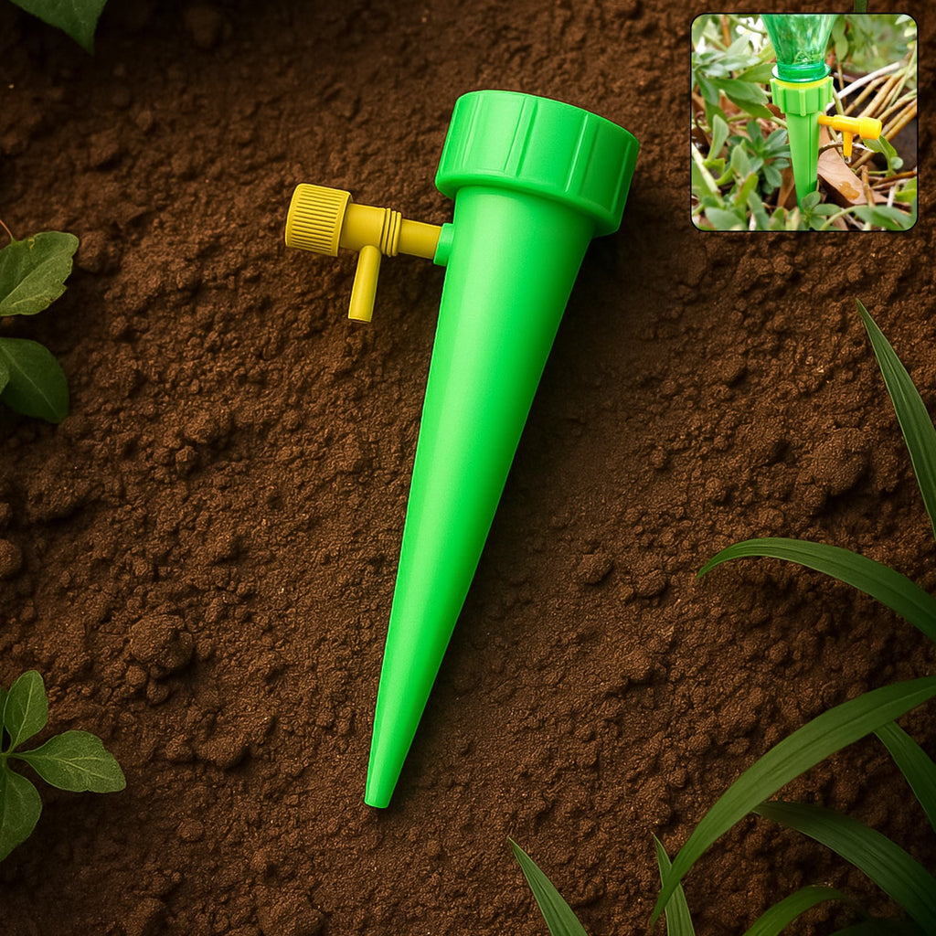 Plant Watering Spike gently watering potted plants in garden