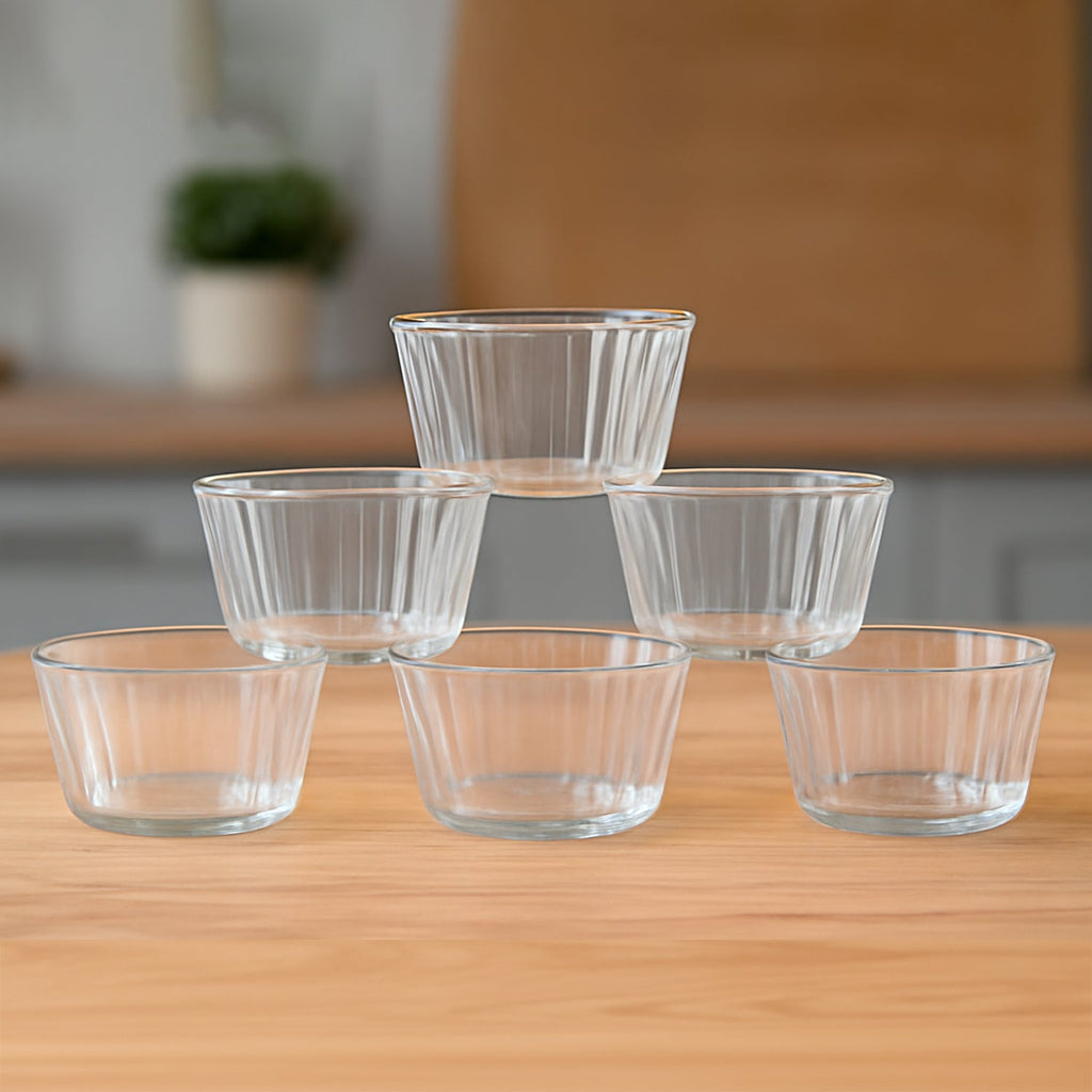 Set of 6 transparent plastic dessert bowls with elegant fluted design