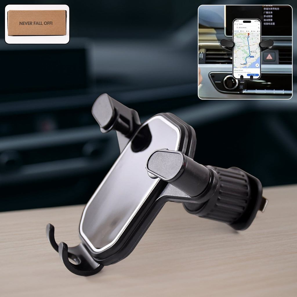 Gravity car phone holder mounted on air vent, side view showing secure grip