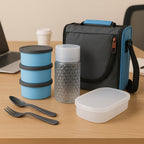 Insulated Lunch Box Set with fabric carry bag and steel bottle.