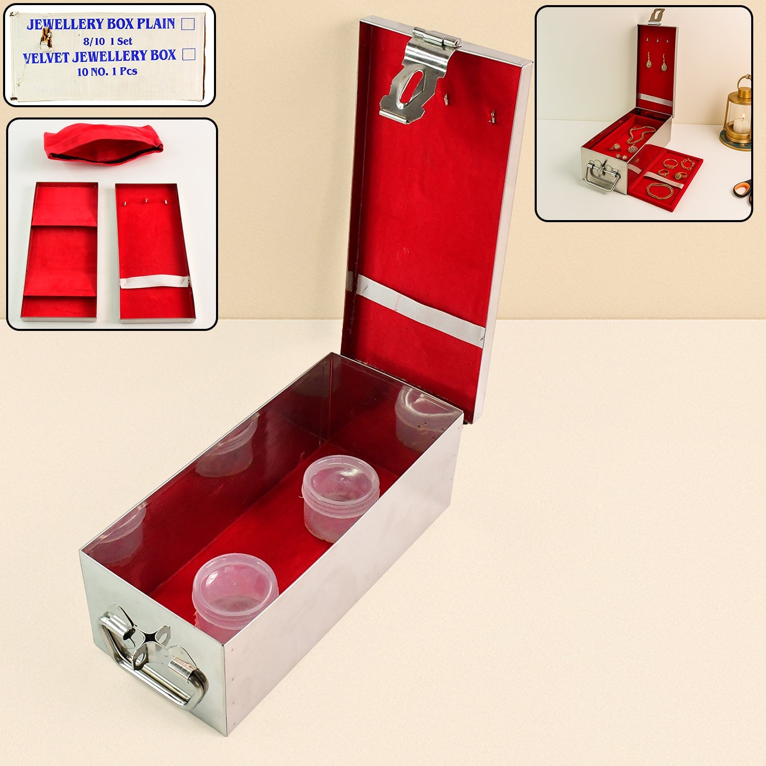 Elegant stainless steel Jewellery Storage Box with a secure lock and plush red velvet interior.