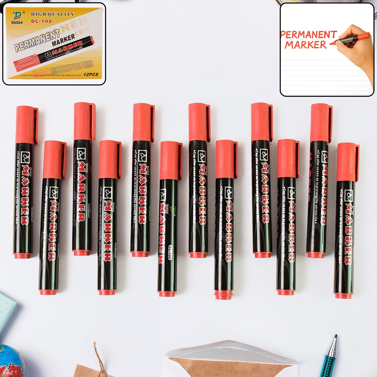 12-piece set of permanent red marker pens with vibrant waterproof ink