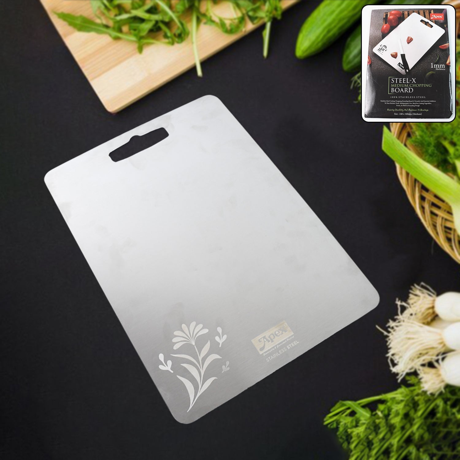 Apex stainless steel medium chopping board with laser floral engraving