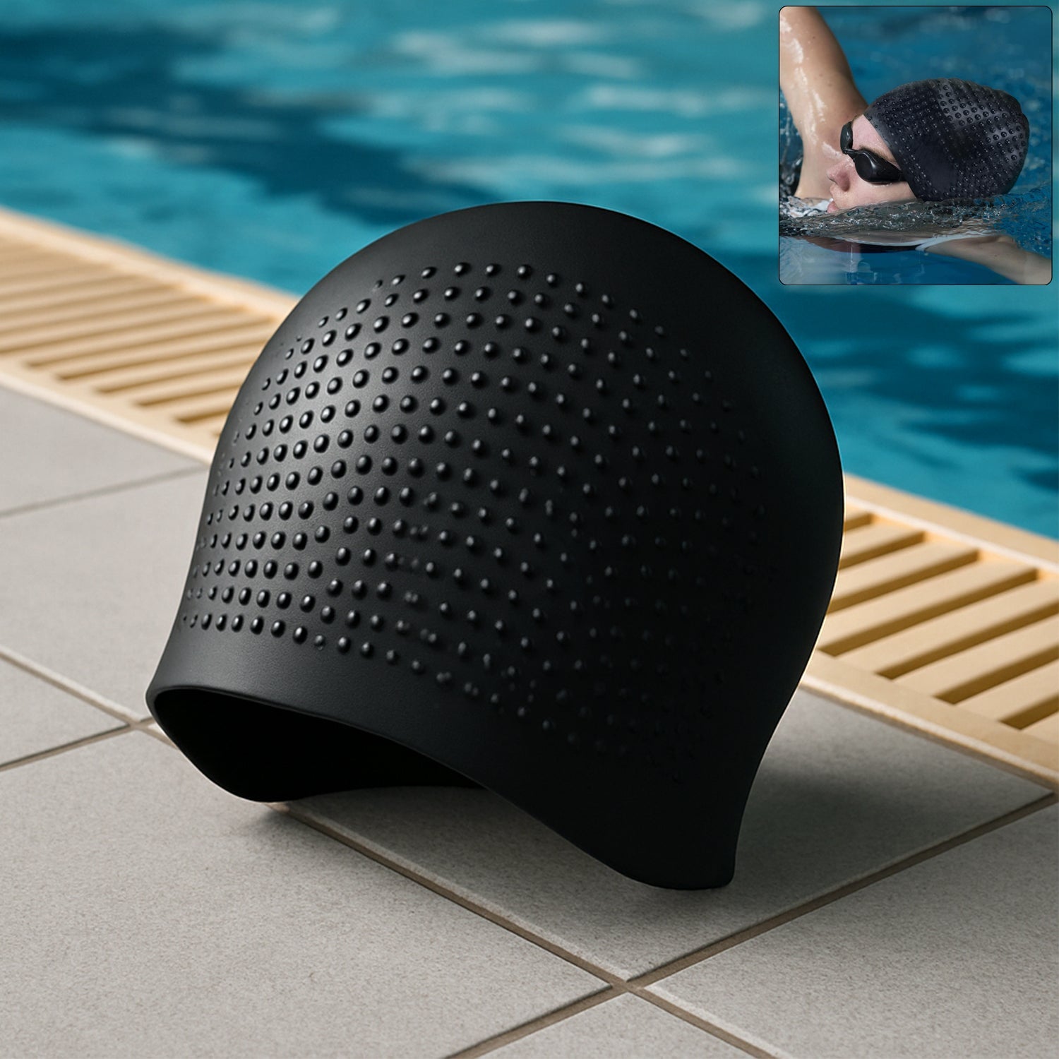 Front view of silicone swimming cap showing durable waterproof design
