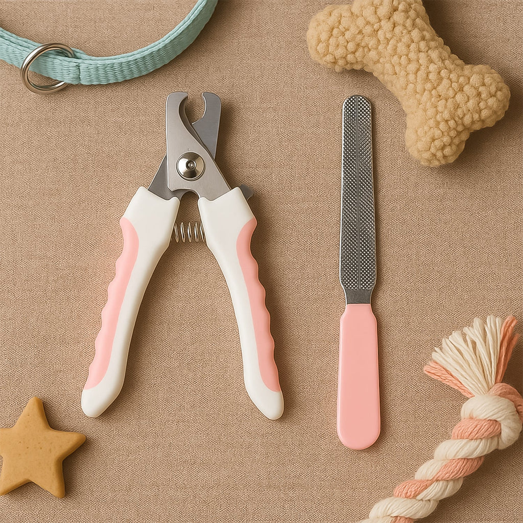 Pet nail clipper kit close-up of stainless steel blade and safety lock