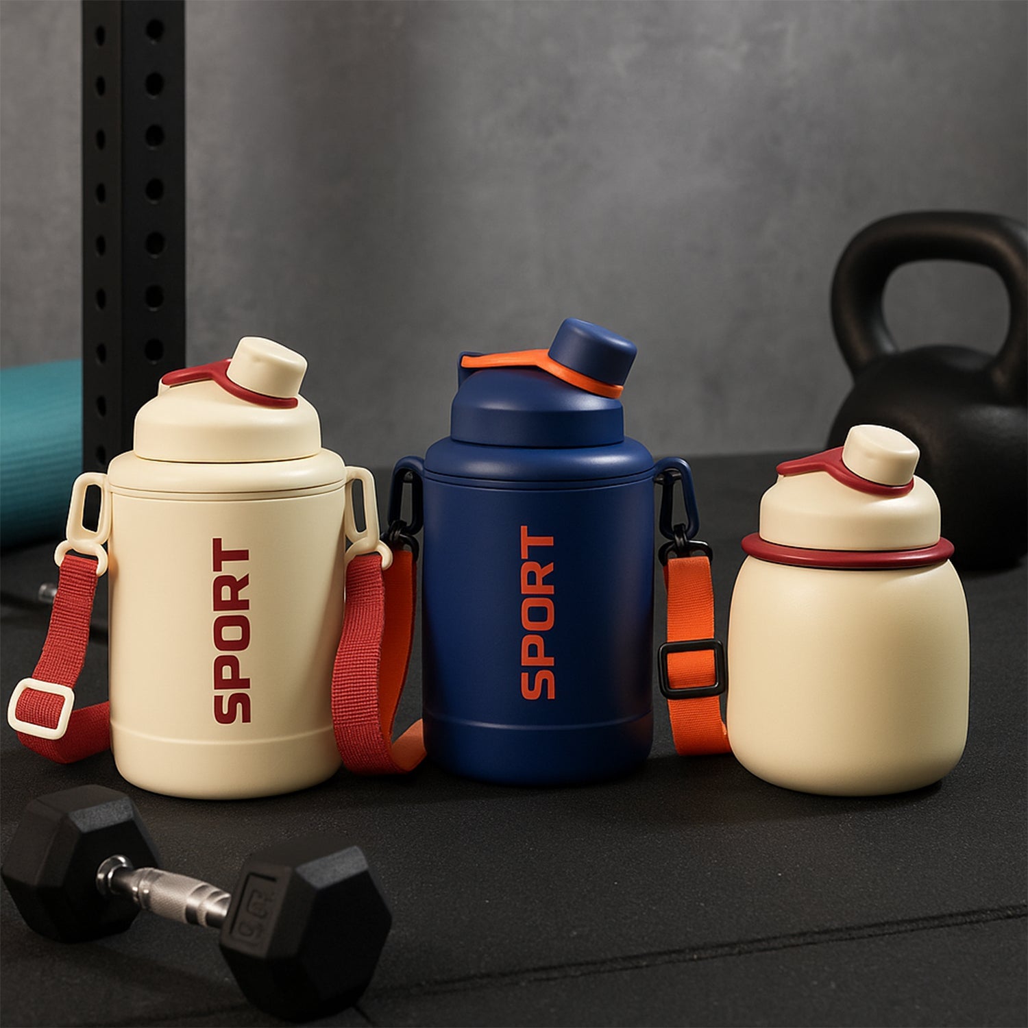 Assorted colors of sports vacuum bottle with shoulder strap