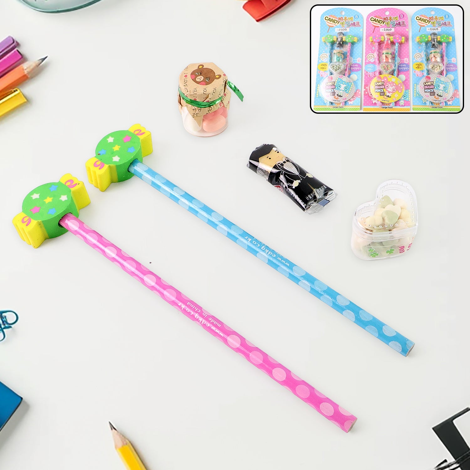 Colorful Candy Design kids stationery set with pencils and storage jars