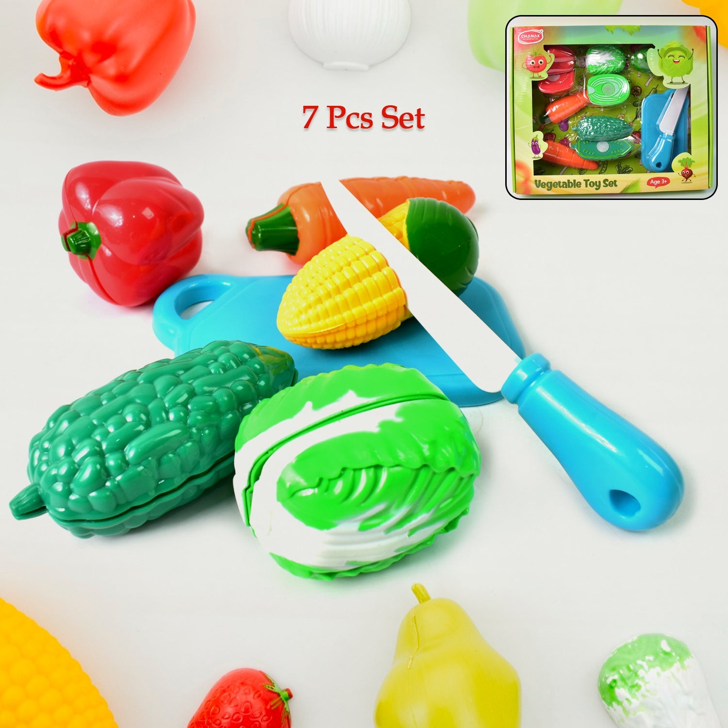 The complete Slice & Play Toy Set with various fruits, vegetables, plastic knife, and chopping board.