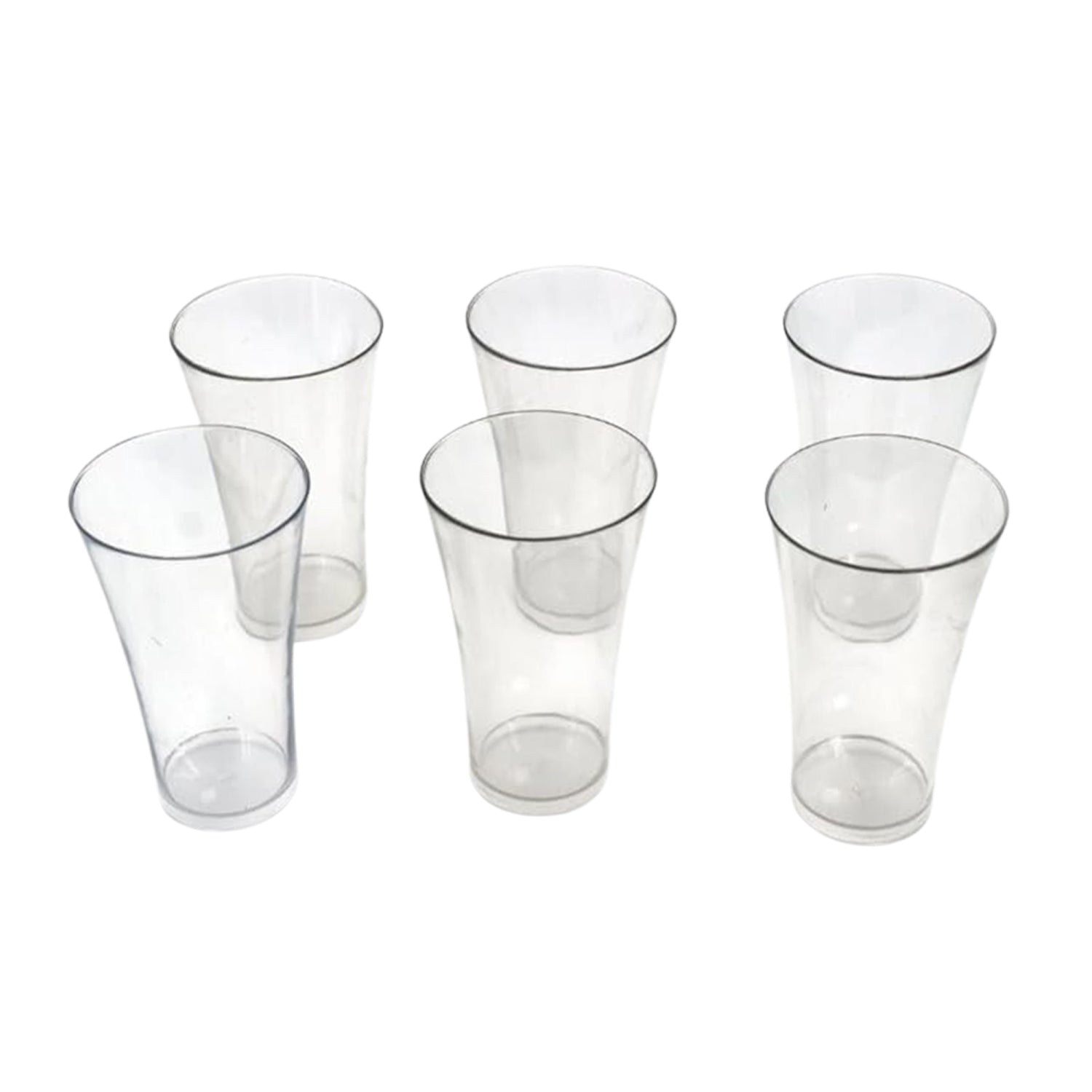 Stack of clear plastic juicy glasses, showcasing their lightweight design.