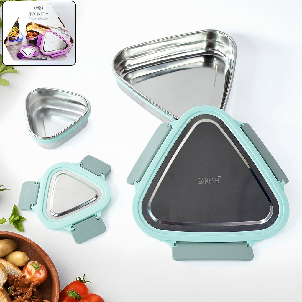 Triangle stainless steel lunch box set showing 2-piece compact design