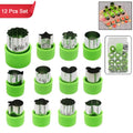 Complete 12-piece stainless steel cookie cutter set with various shapes for baking.