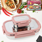 Closed stainless steel lunch box set with secure four-side lock lid.