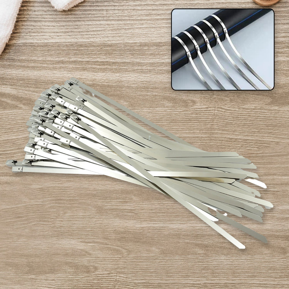 A bundle of 100 stainless steel cable ties, ideal for heavy-duty fastening in home and industrial settings.