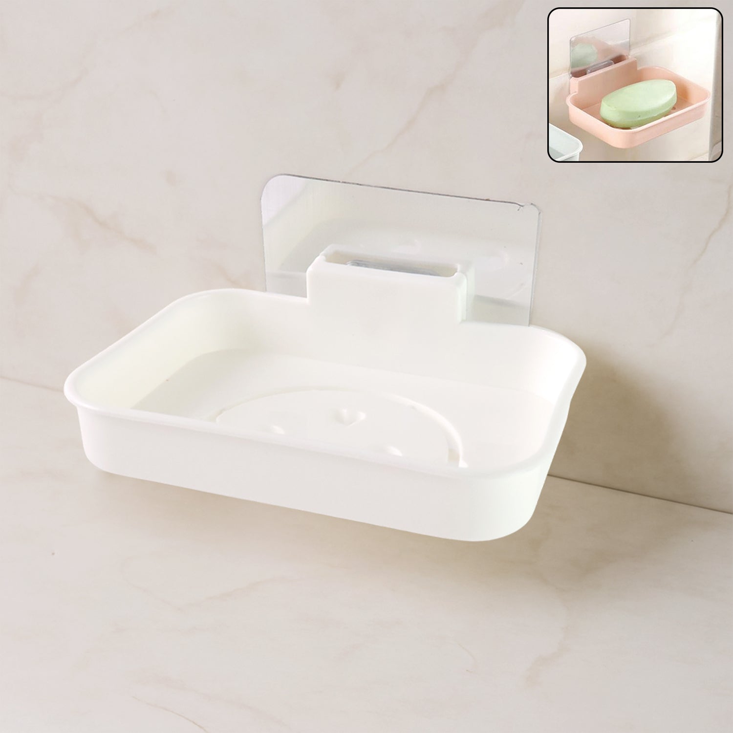 Punch-free adhesive soap tray mounted on wall for soap storage