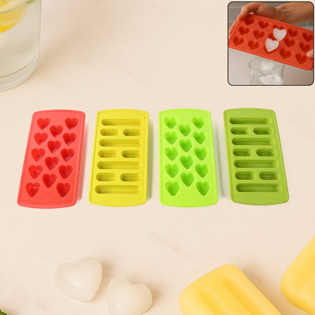 Plastic ice cube tray set featuring flexible, BPA-free heart and stick molds