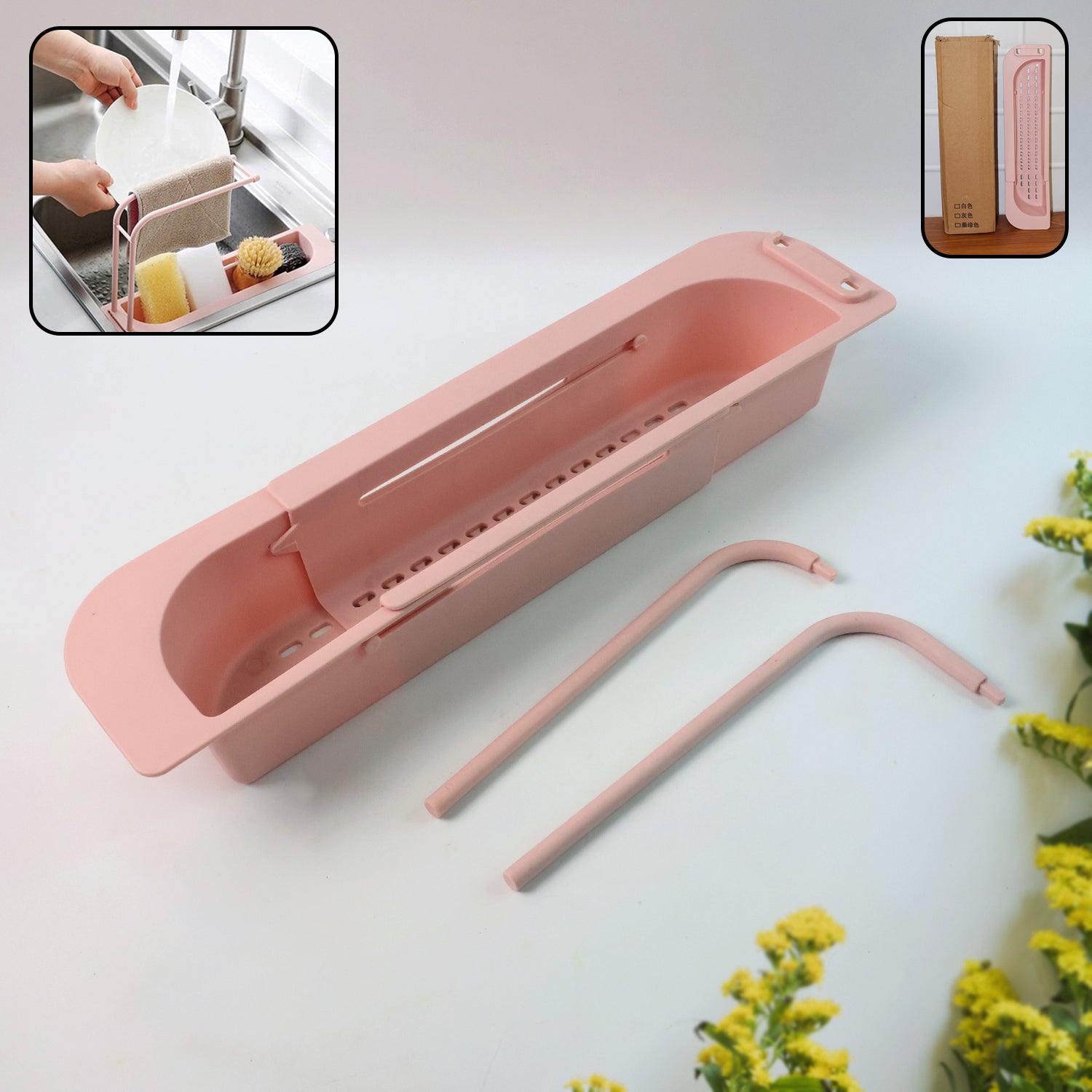 Expandable sink caddy with dual towel bars and built-in drip tray over kitchen sink