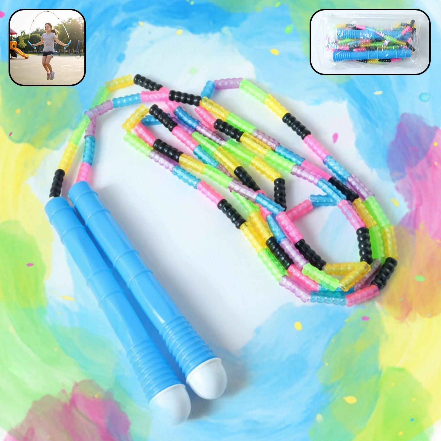 Colorful beaded skipping rope with comfortable grip handles for kids fitness