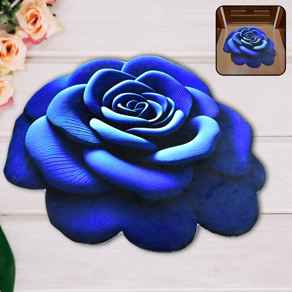 3D blue rose shaped anti-slip velvet floor mat in a home setting