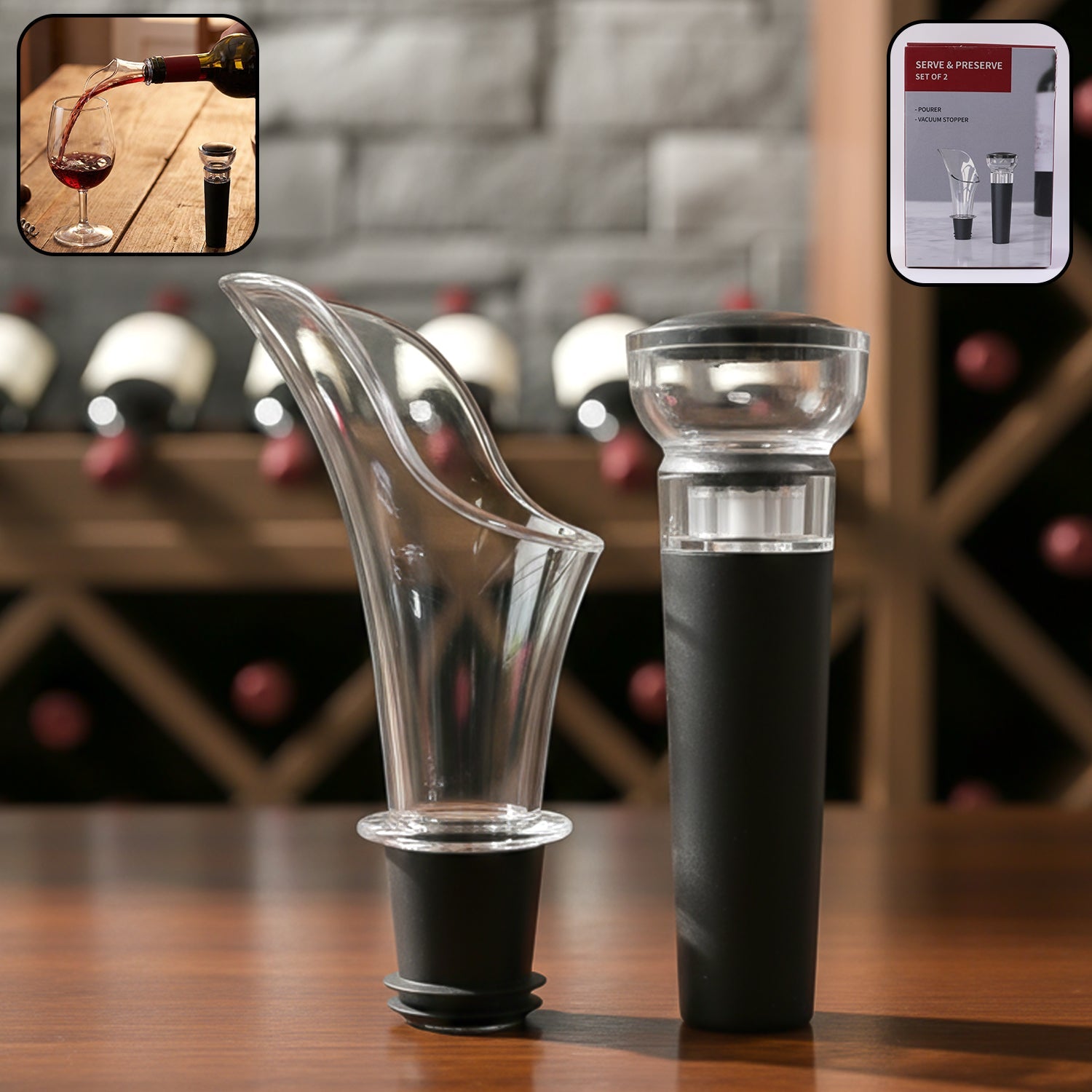 Elegant wine pourer and vacuum stopper set for drip-free serving