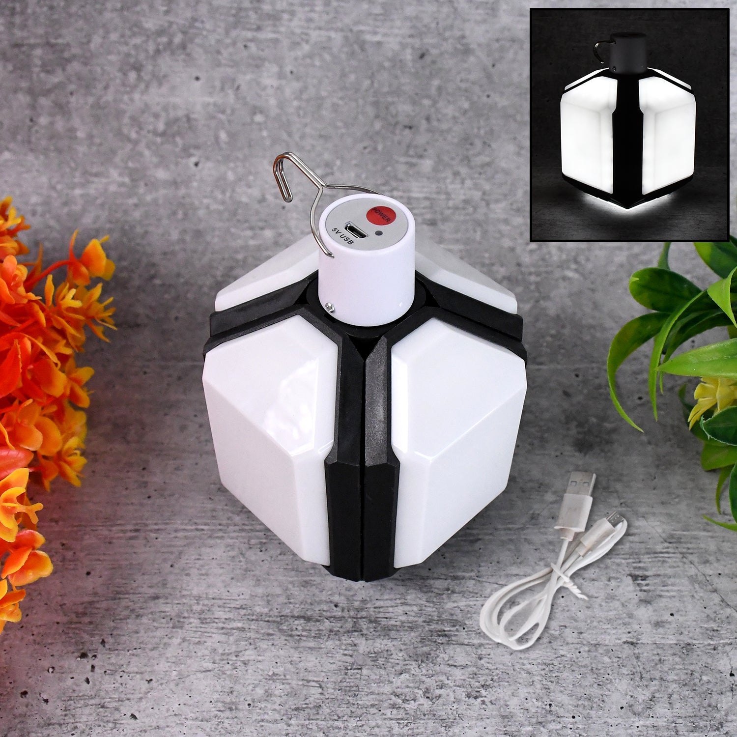 Foldable USB rechargeable LED camping lantern with hanging hook by Garden Vera