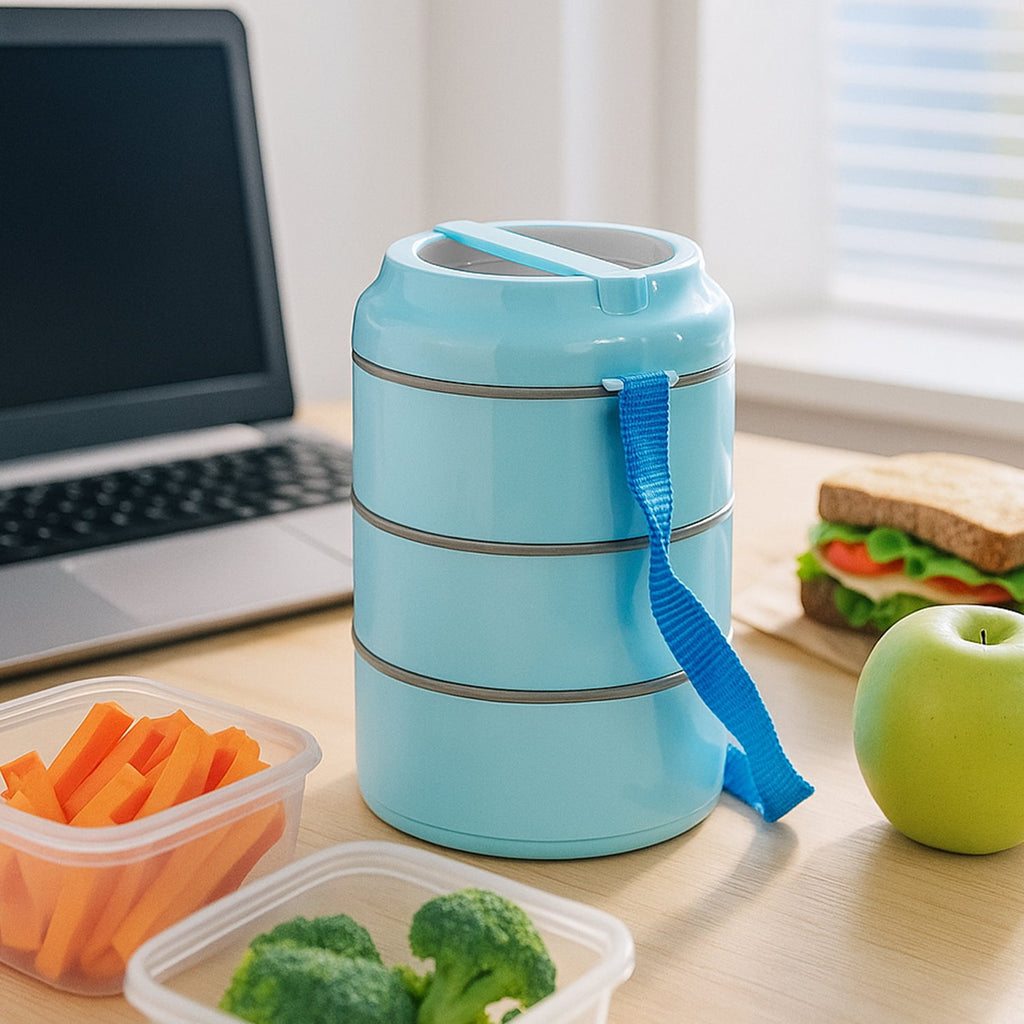 Closed view of 3 layer insulated lunch box set with secure lids