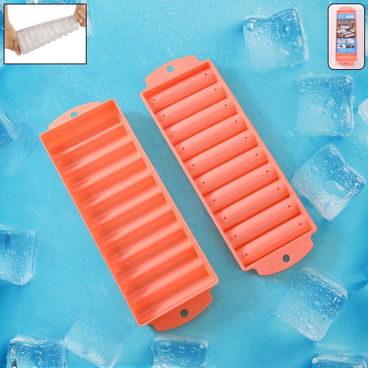 Compact plastic ice stick tray fitting bottle openings