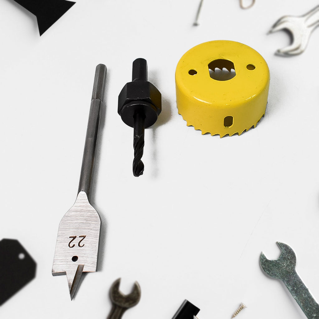 A complete door lock installation kit with a 22mmx150mm hole saw and drill bit for woodworking.