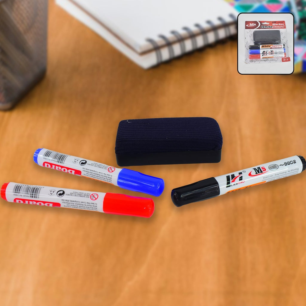 Whiteboard marker set featuring blue, black, red markers and board duster