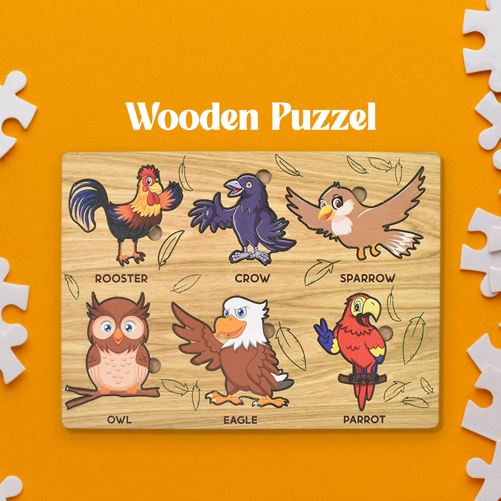 Wooden Bird Puzzle educational board with colourful bird pieces by Inventive Play.