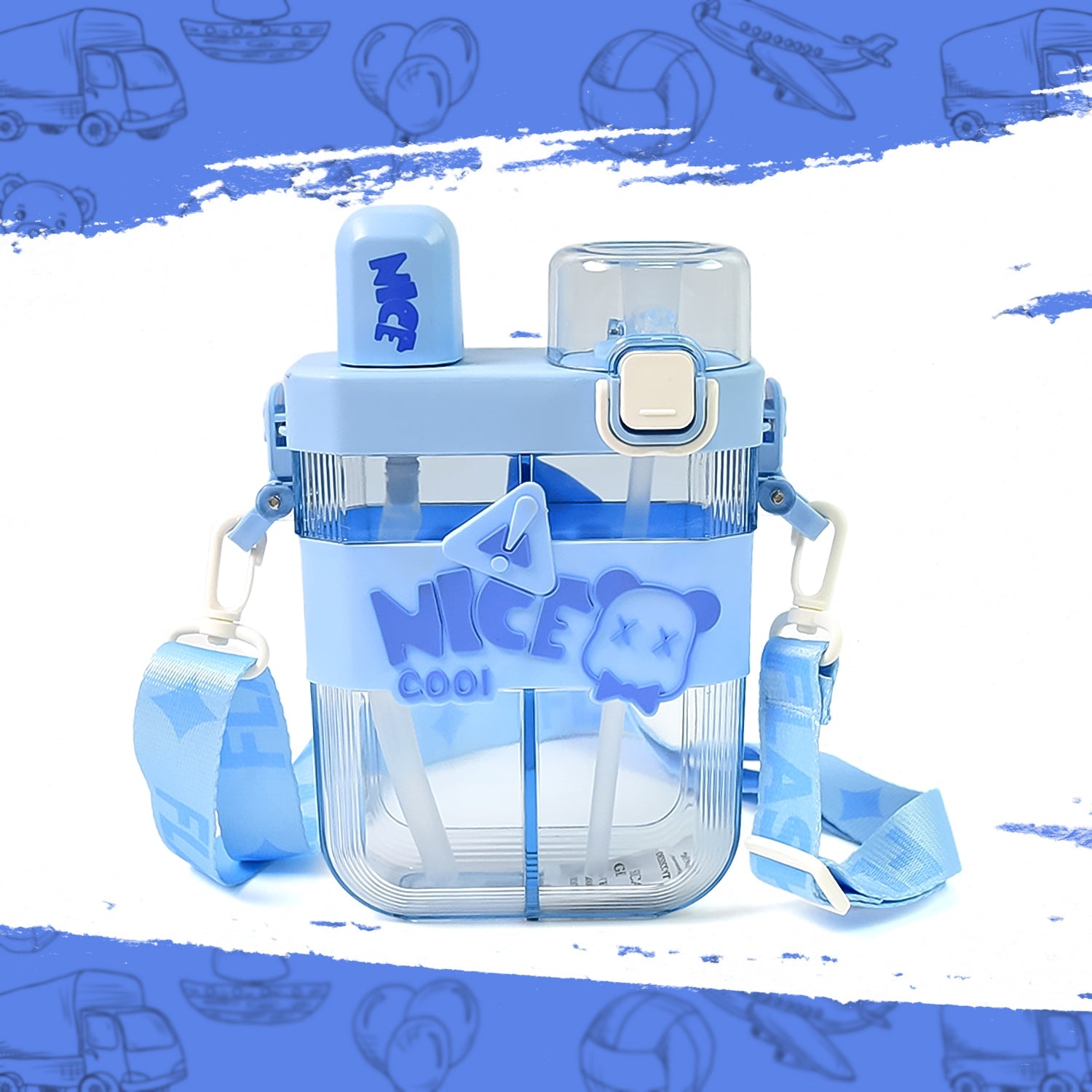 Vibrant Kids Water Bottle with Dual Compartments and double straw design.