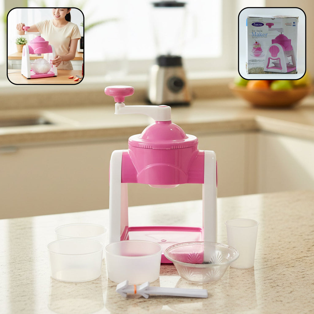 Front view of pink manual gola maker ice slush crusher