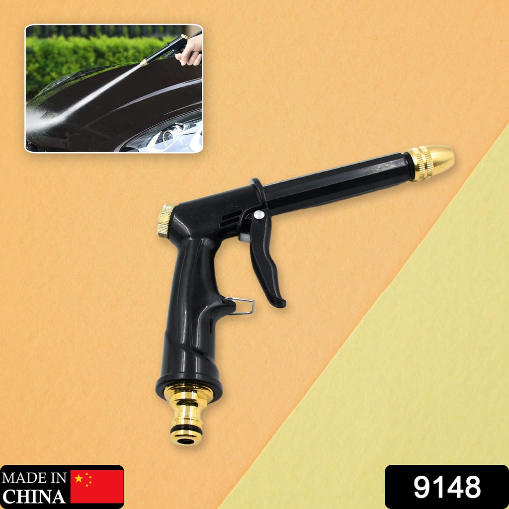 Side view of the brass water spray gun, highlighting its sturdy metal trigger and nozzle.