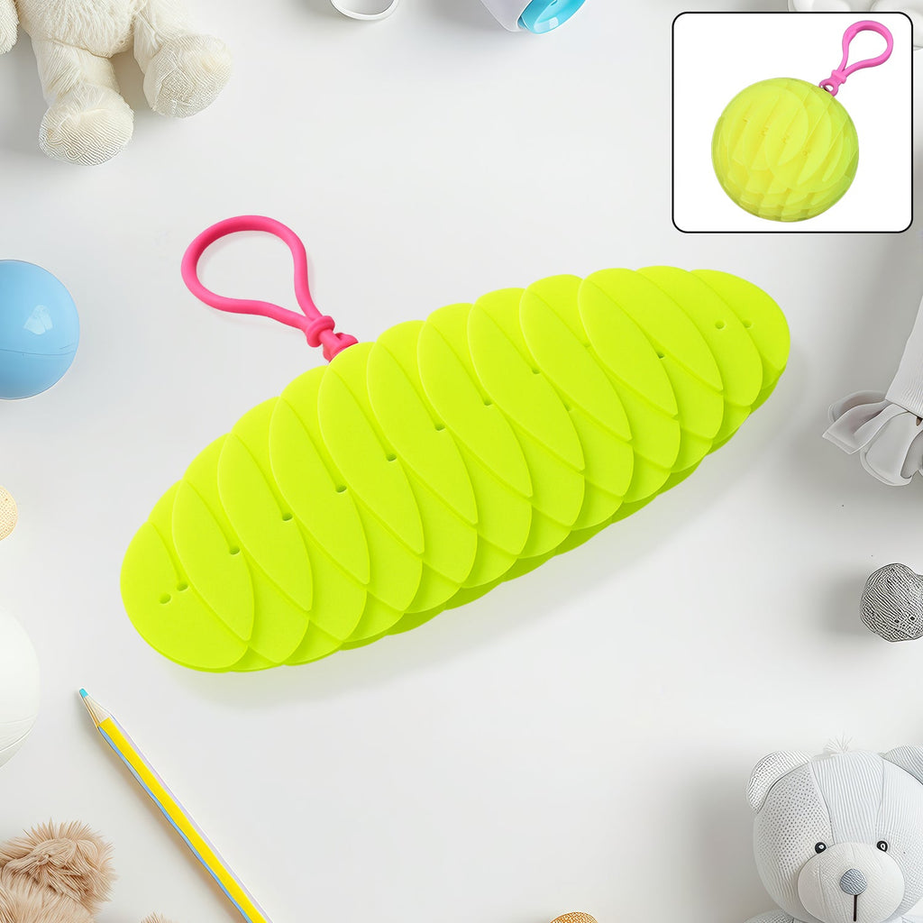 Foldable worm fidget toy held in hand, demonstrating flexibility