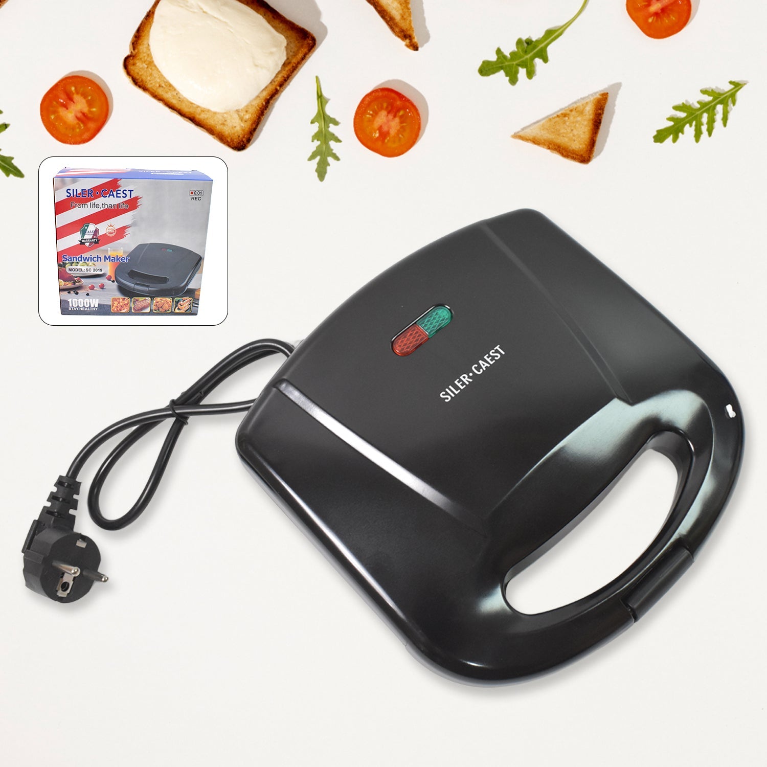 Dabster 2-slice sandwich maker with non-stick plates on a kitchen counter.