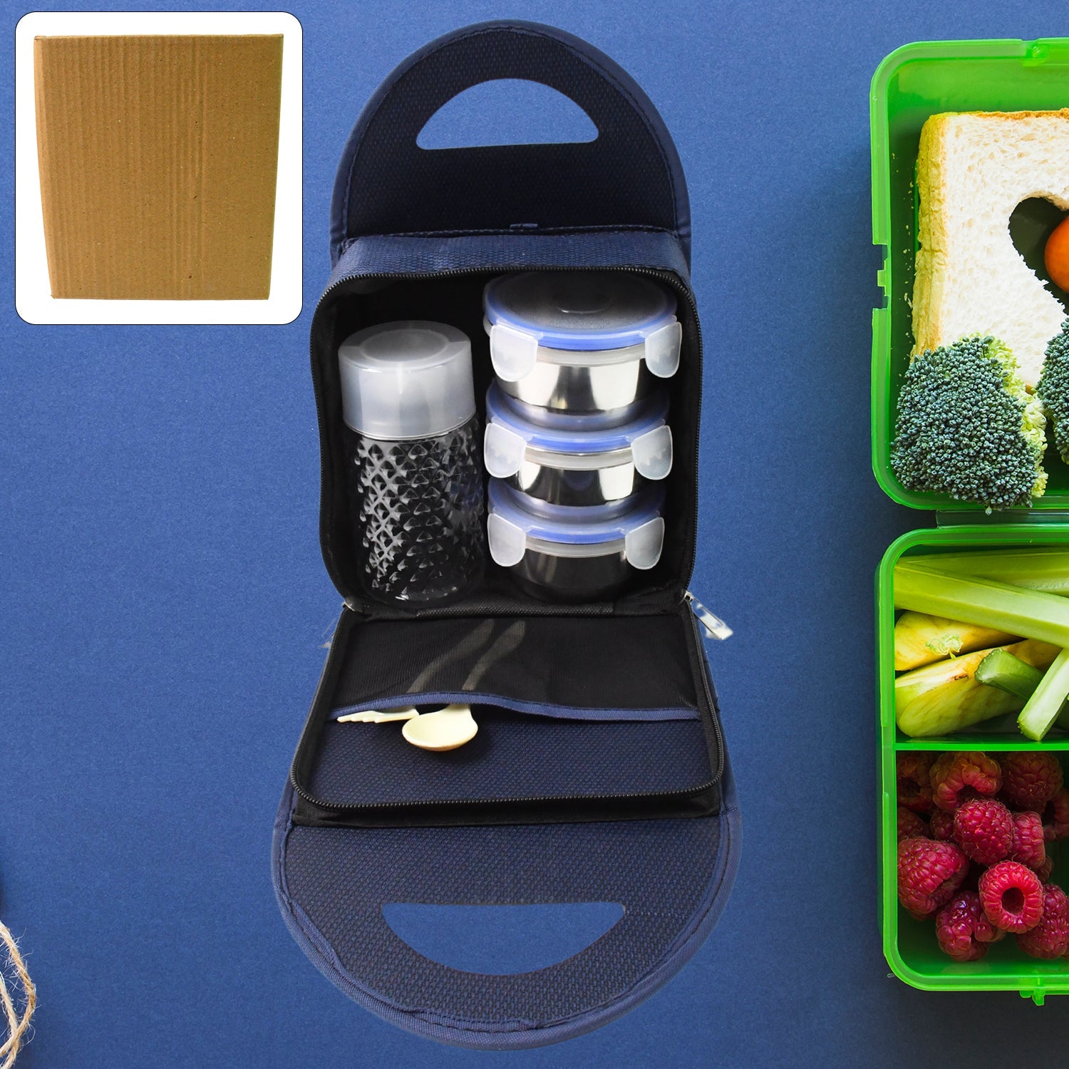 Stainless steel lunch box set with three containers and a water bottle, ready for daily meals.