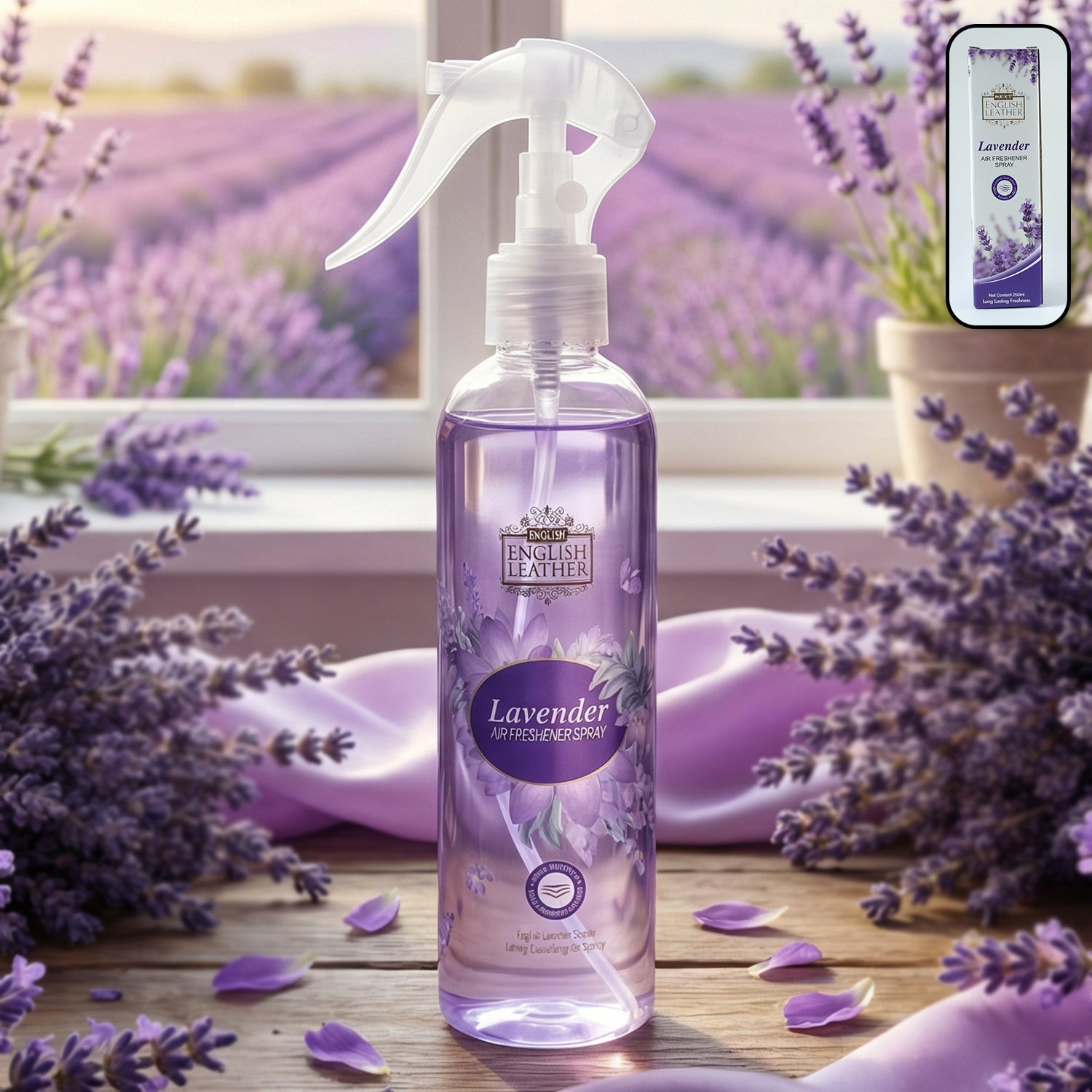 Lavender air freshener spray bottle with floral fragrance
