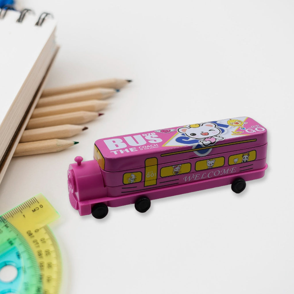 Front view of the double decker metal pencil box, open to reveal organised compartments for stationery.