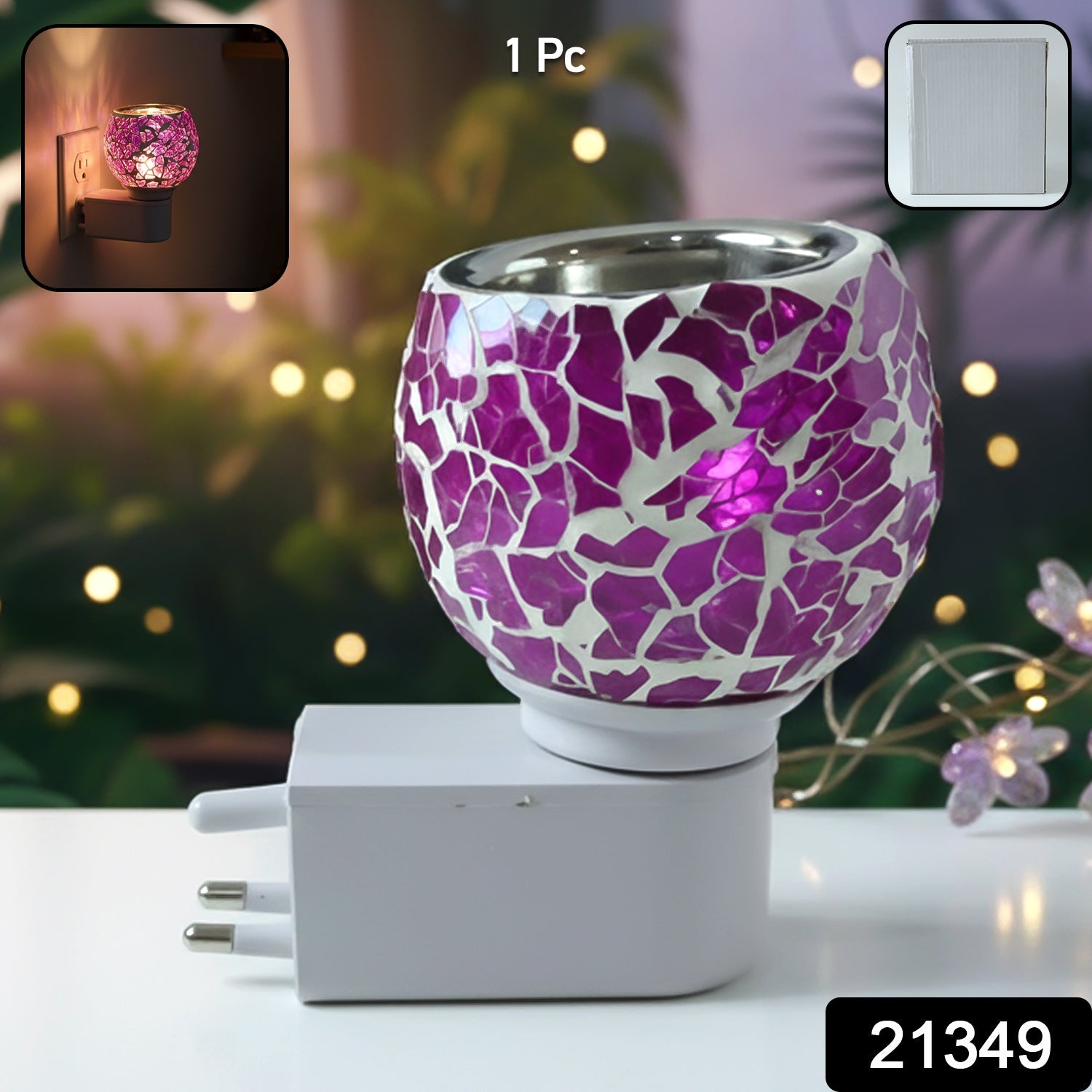 Plug-in aroma diffuser lamp casting warm ambient light in living room