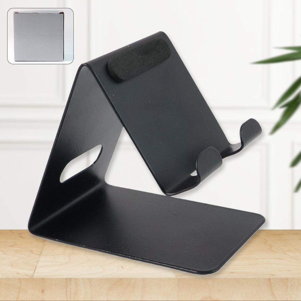 Universal metal mobile and tablet stand holder placed on desk for hands-free use