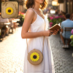 Mini round crossbody purse with sunflower design front view