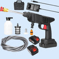 Cordless car washer gun in action, demonstrating powerful spray for vehicle cleaning.