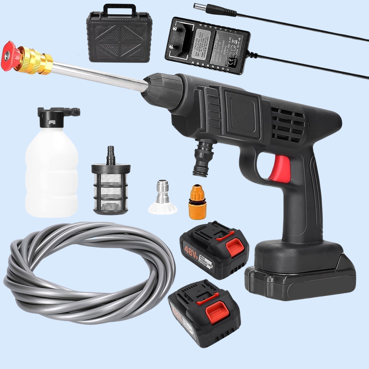 Cordless car washer gun in action, demonstrating powerful spray for vehicle cleaning.